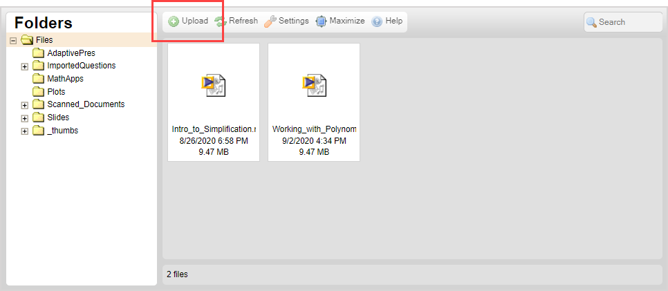 New CKFinder browser window opens. Upload is the first button at the top, next to Refresh button.